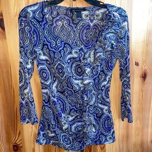 INC Blue yellow gray white ruffle front Boho Mandala Floral Paisley Blouse